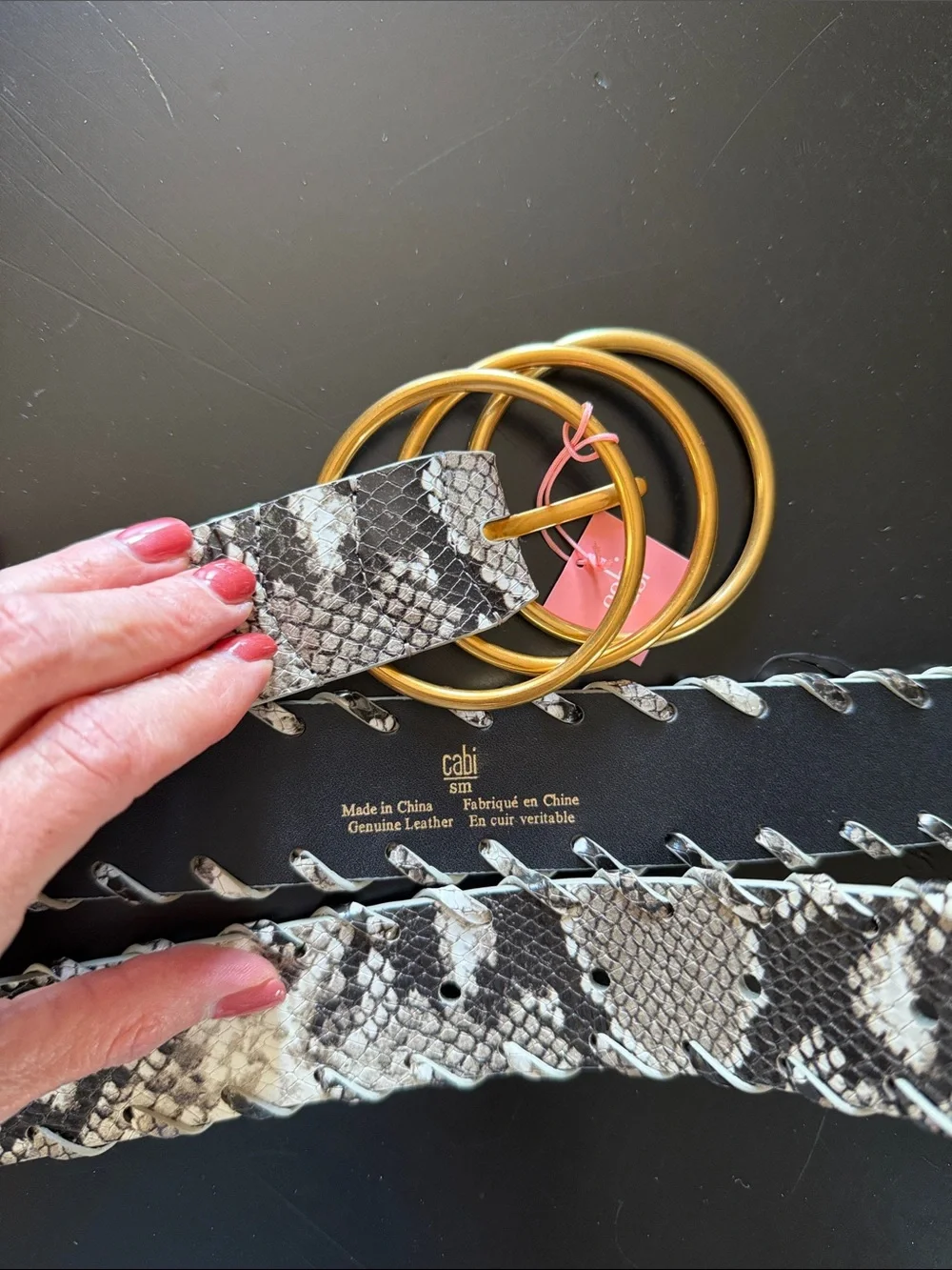 cabi Snake-Print Leather Belt with Gold Rings - White/Black